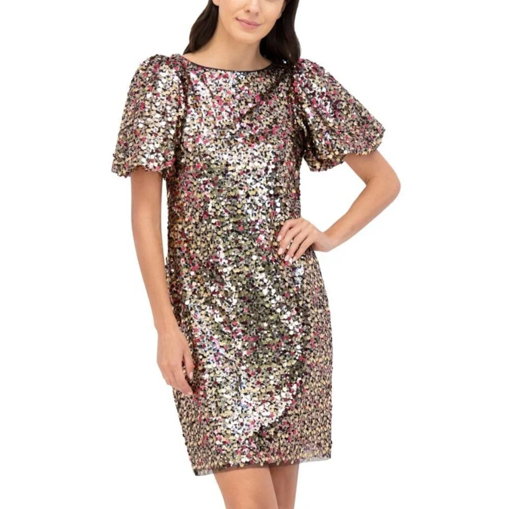 Eliza J Gold Multi Sequin Puff Sleeve Shift Dress NWT Size 6 Cocktail Party - Picture 7 of 9